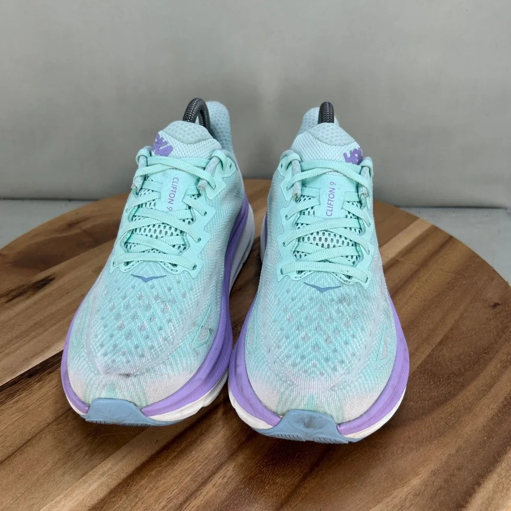 Hoka Clifton 9 Womens Running Shoes Sea Glass Purple Cushioned Size 8 B Comfort